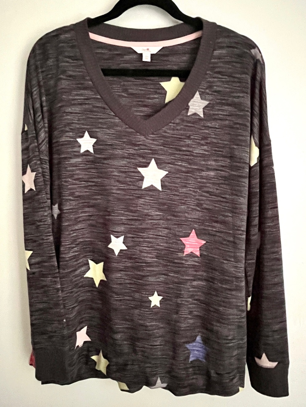 Secret Treasures L Soft V-Neck Knit Pullover Gray Pastel Stars Long Sleeve Cozy